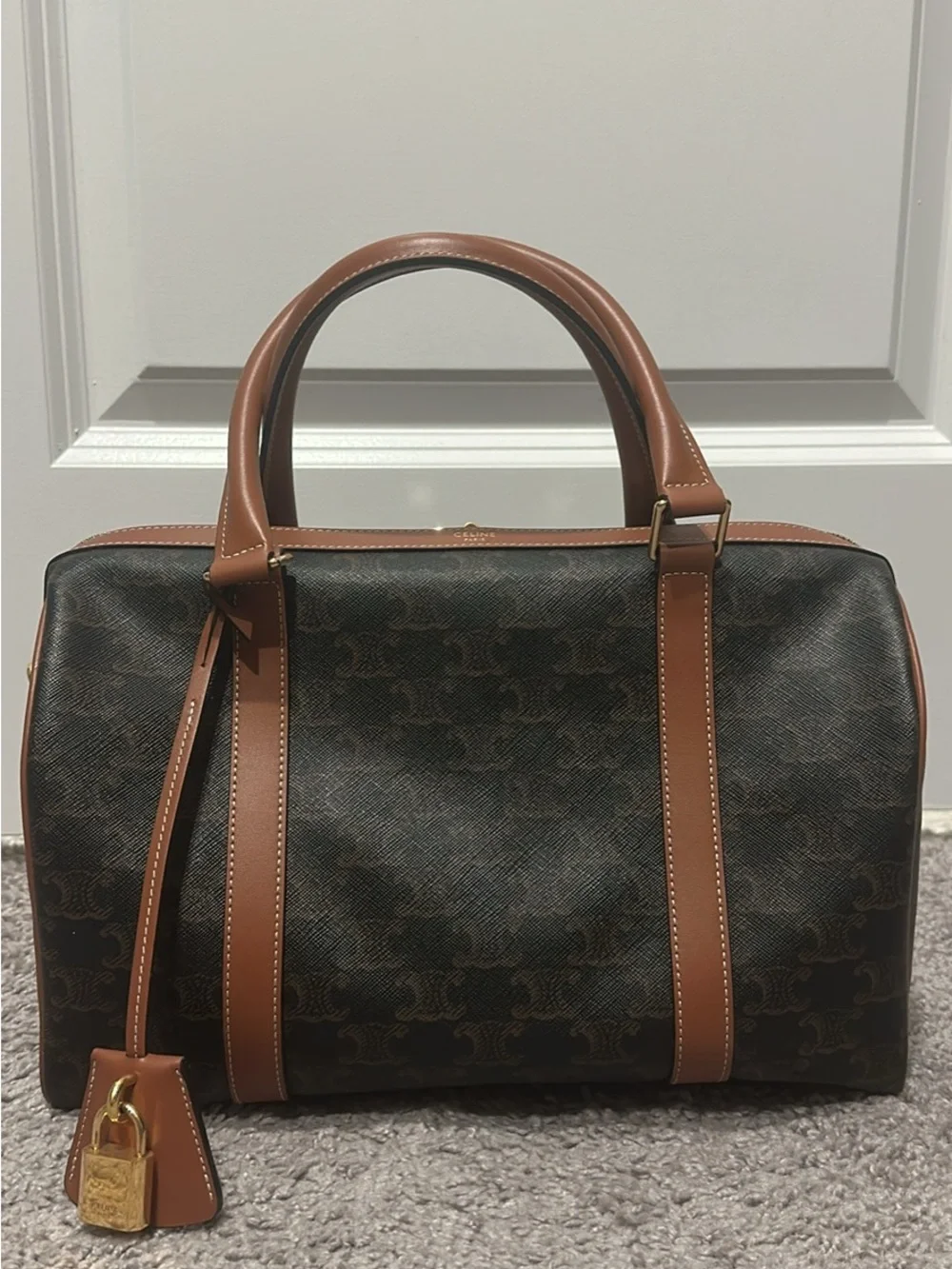 Celine Brown Canvas Duffel with Tan Leather Trim